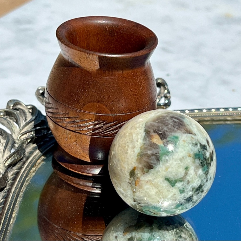 Kiwi / Ocean Jasper Sphere, Wooden Hand Turned / Carved Wood Stand / Vase